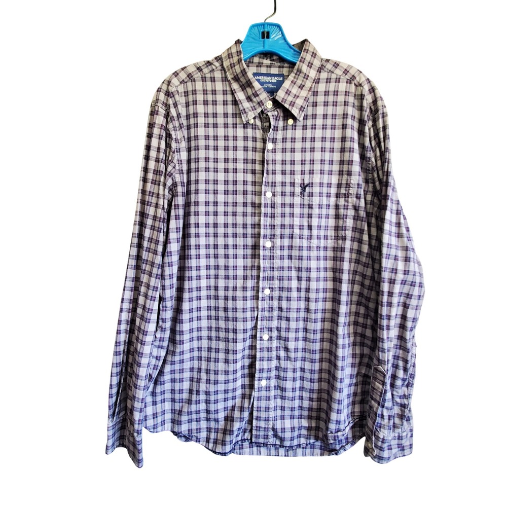 American Eagle Outfitters Mens Large Plaid Button Down Shirt Blue Grey Cotton